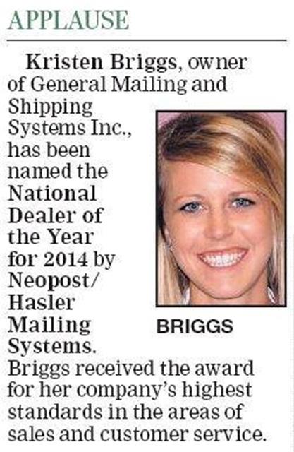 Kristen Briggs, owner of GMSS named National Dealer of the Year for 2014 by Neopost/Hasler Mailing Systems